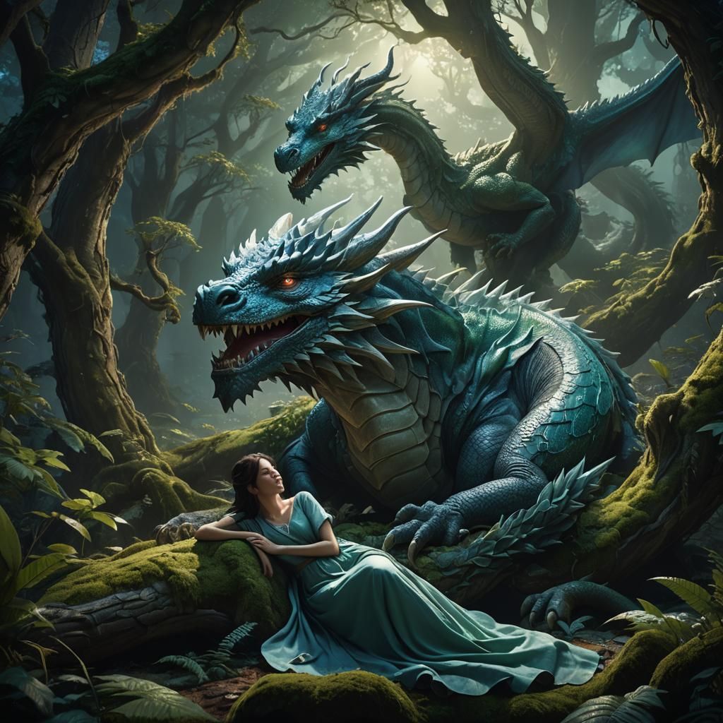 Girl Sleeping with Dragon in Mystical Forest