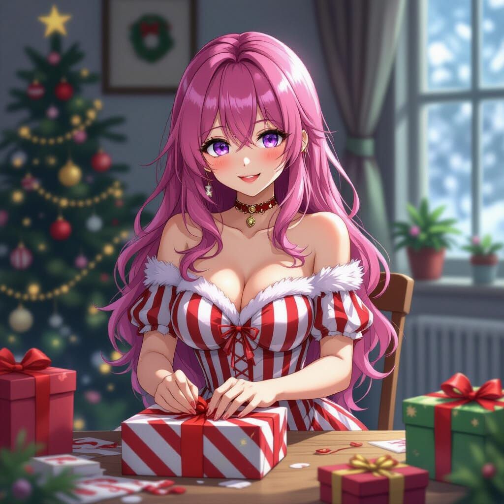 Pink Haired Woman Wrapping Presents in Alcohol Ink Style