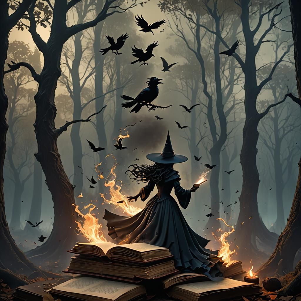 Witch Silhouette in Pop-Up Book Fantasy Art