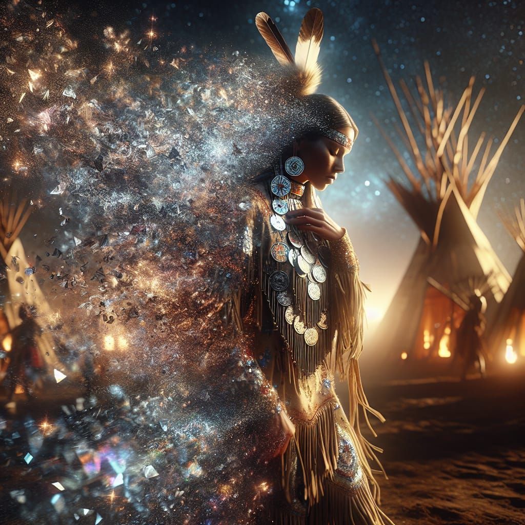 Native American Woman in Jingle Dress, Holographic Illustrat...