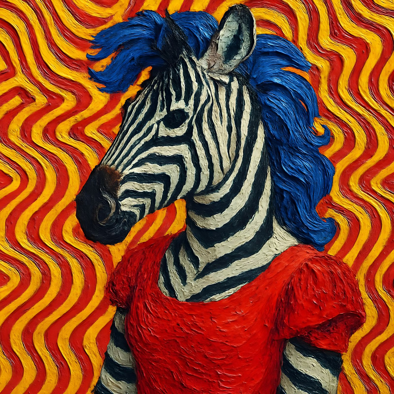 Op-Art Zebra in Red Dress as Impasto Painting