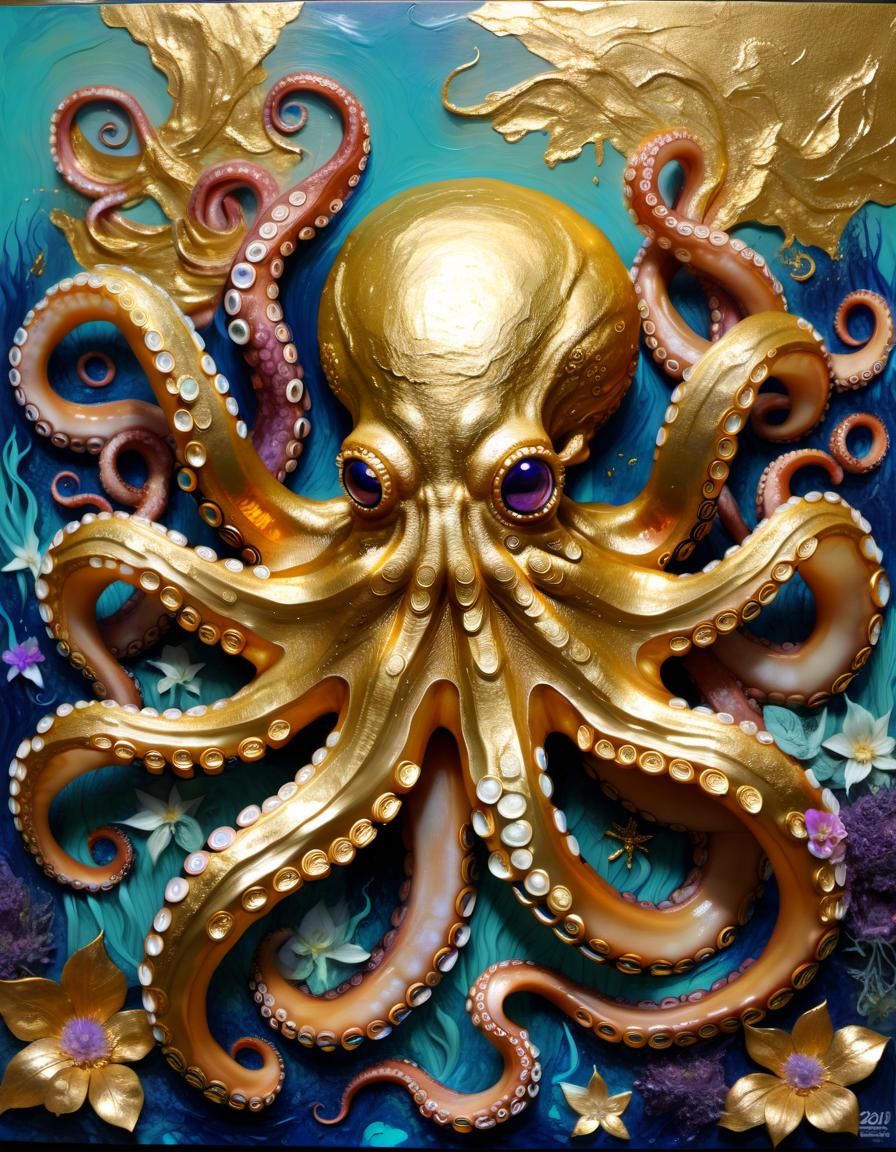 Octopus Garden in Mixed Media With Gold Leaf