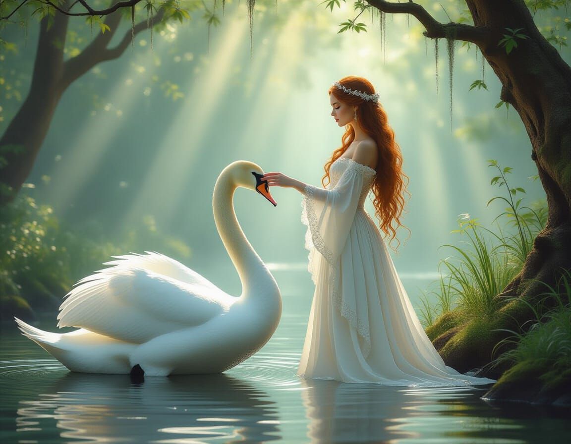 Woman and Swan in Enchanted Forest Clearing, Pre-Raphaelite ...