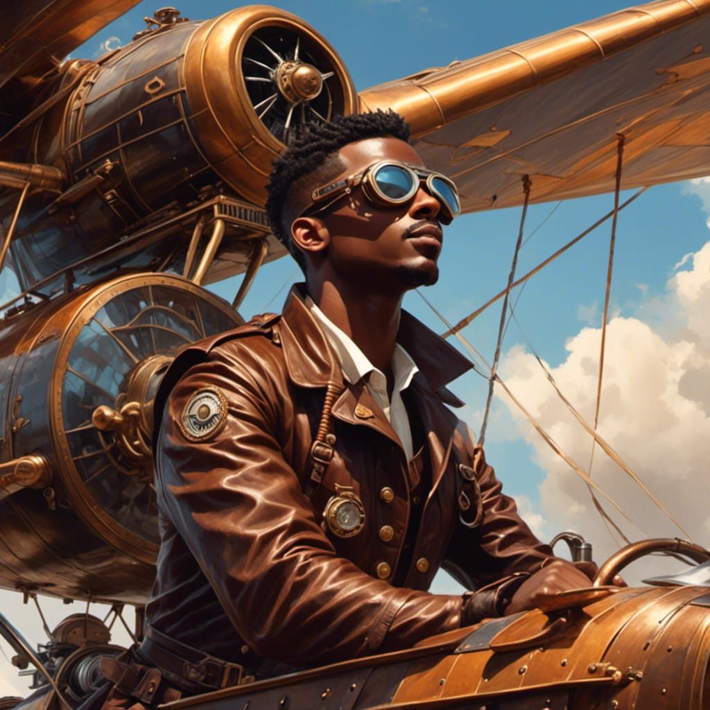 Steampunk Pilot in 1930s Biplane, Art Deco Style