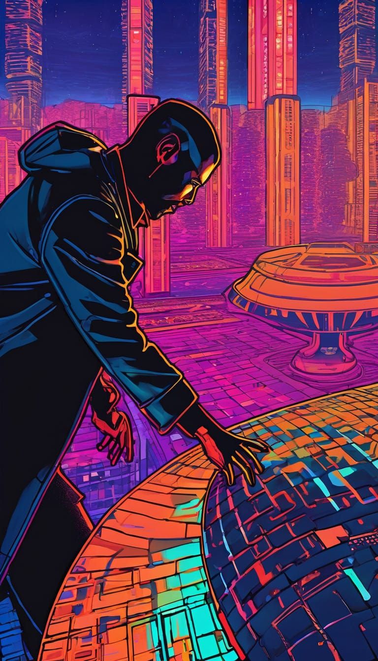 Man Touches Iridescent Grass in Neon-Lit Cyberpunk Cityscape