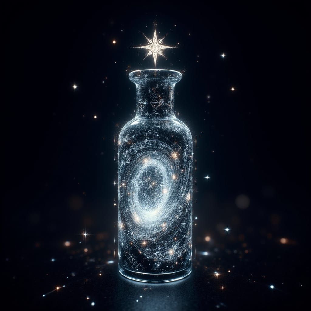 Surreal Glass Vial Containing Iridescent Galaxy in Dark Room
