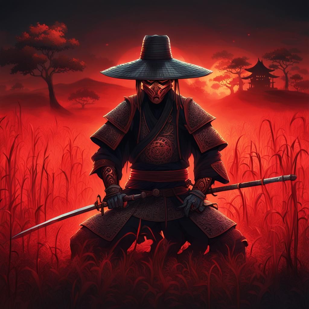 Futuristic Samurai Warrior Kneeling in Dimly Lit Field