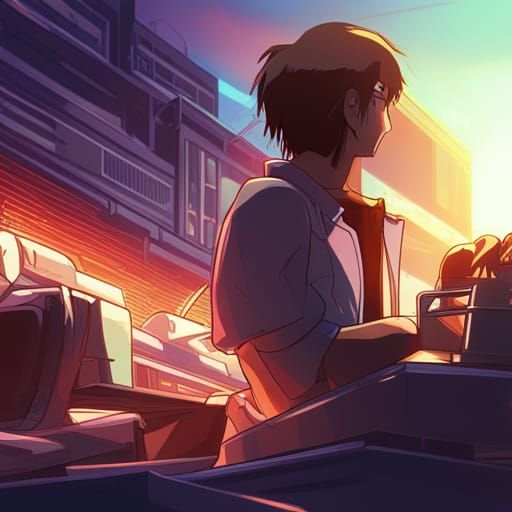 Cyborg Bartender in Cyberpunk Anime Style