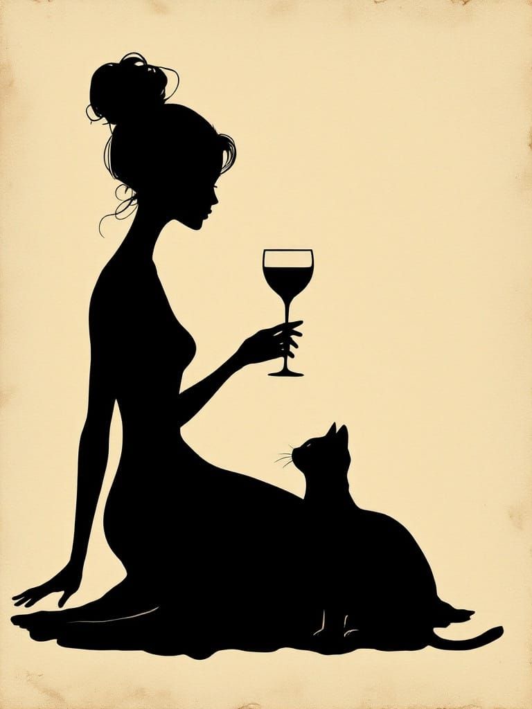 Woman, Cat, and Wine in Silhouette Art Style