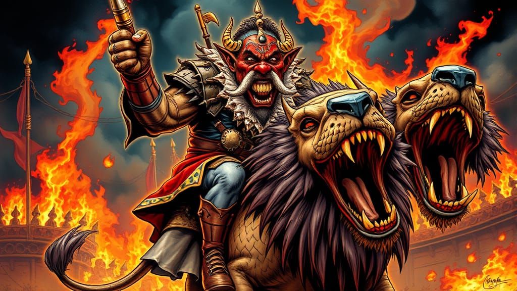 Armored Clown Troll Rides a Three-Headed Lion