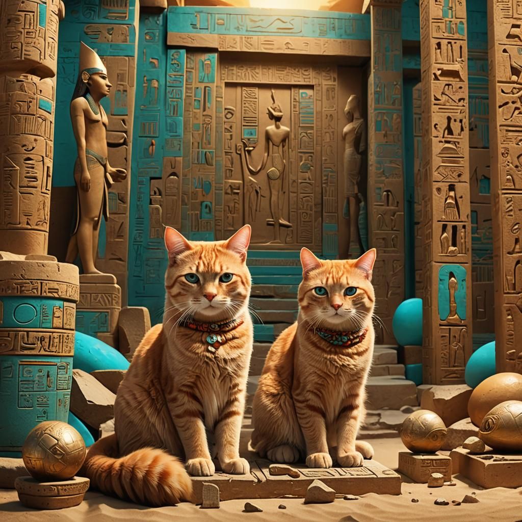 Orange Tabby Cat in Egyptian Museum, Art Deco Style