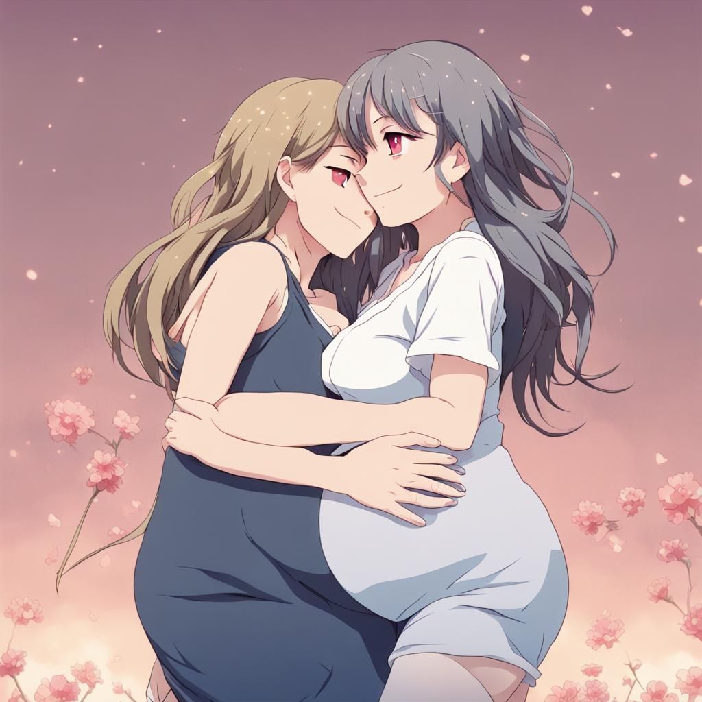 Two Pregnant Anime Girls Hugging: Manga Style
