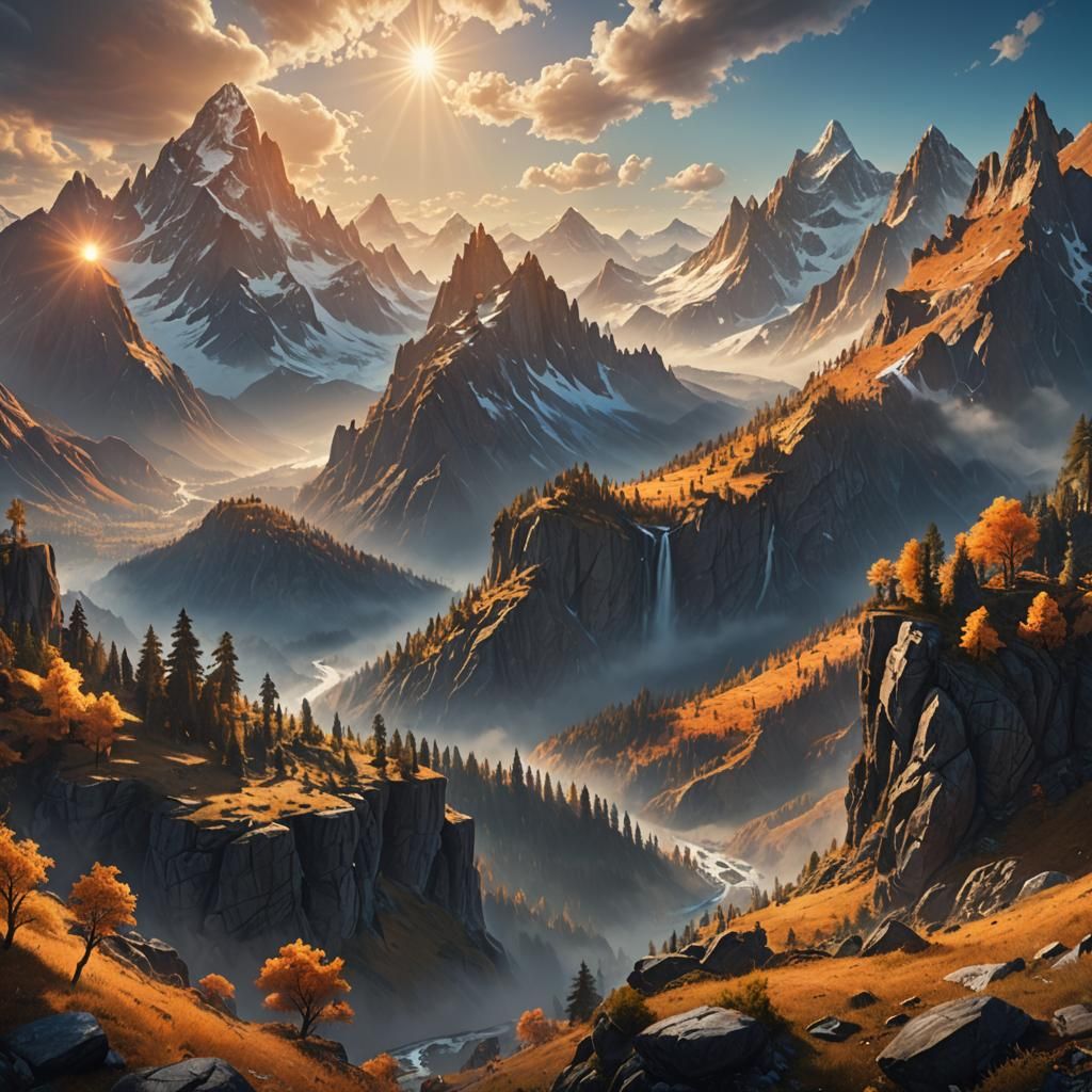 Majestic Mountains in Golden Light: Matte Painting
