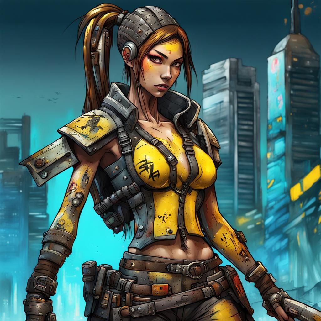 Japanese Siren Samurai in Cyberpunk Cityscape