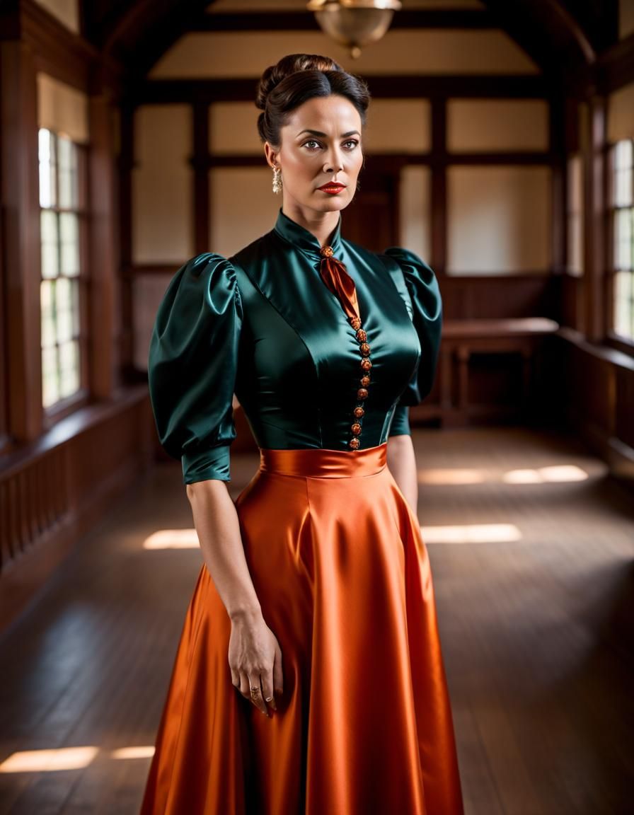 1890s Schoolteacher in Orange Satin Dress