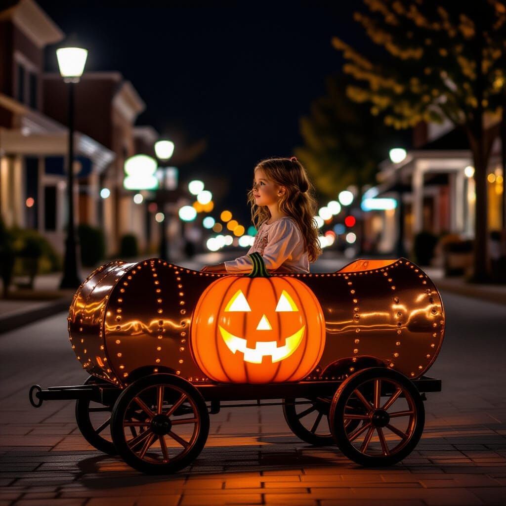 Copper Pumpkin Wagon With Country Girl in Night Streetlights