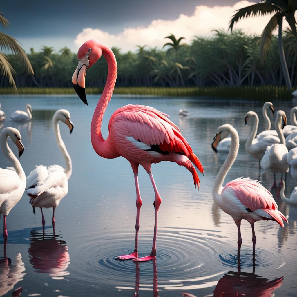 pink flamingo standing on edge water beach in everglades with swans,red birds,humming birds,red birds ,ultra real,realis...