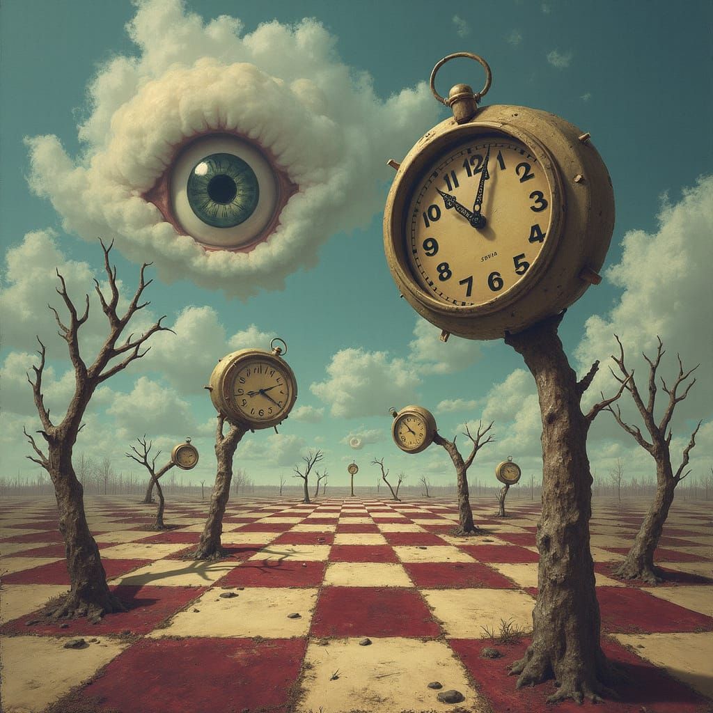 Surreal Melting Clocks in Dreamscape with Giant Eye
