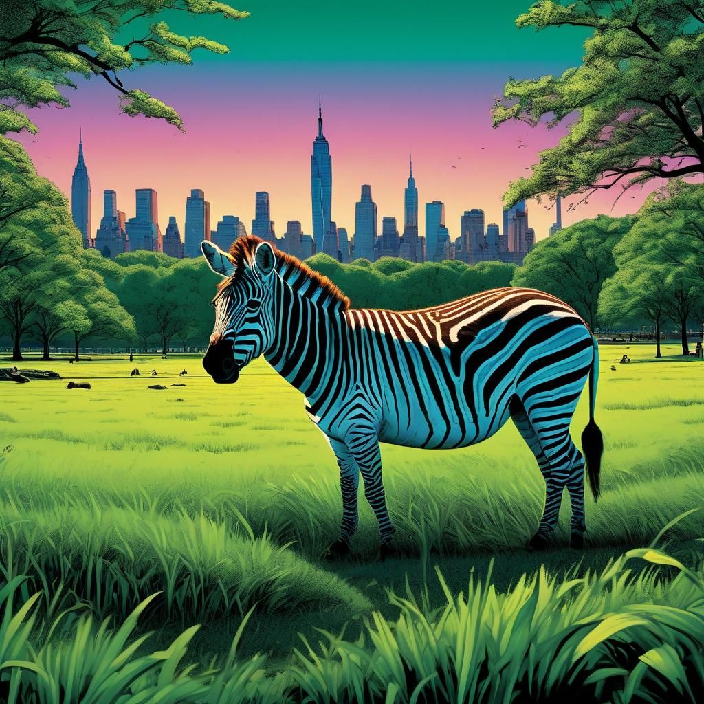 Zebra Grazing in Central Park: Comic Book Style