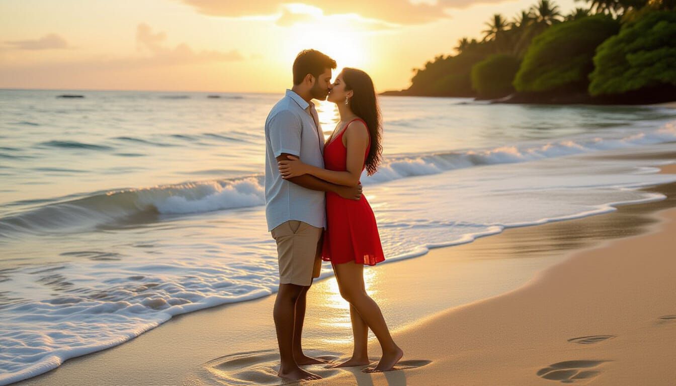Romantic Couple Kissing at Tropical River Mouth
