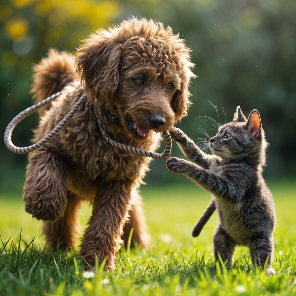 Poodle and Tabby Play Tug of War