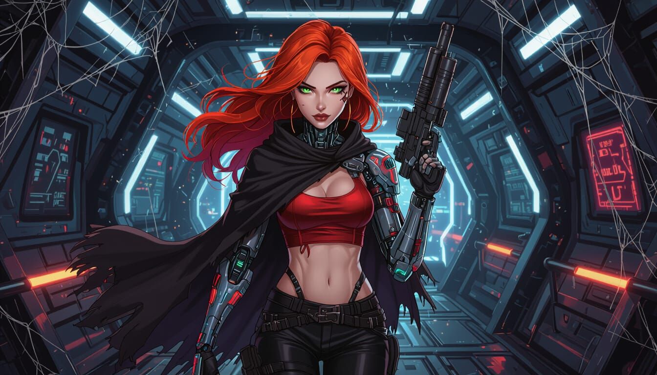 Fiery Red Haired Woman in Dark Fantasy Spaceship Hall