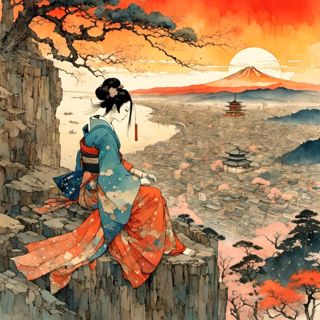 Geisha Overlooking Kyoto Sunset, Maximalist Style