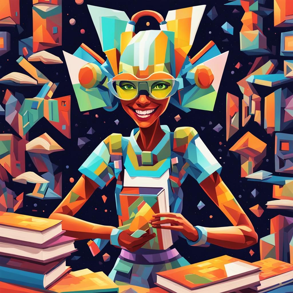 Insectoid Girl Selling Books in Cubist Style