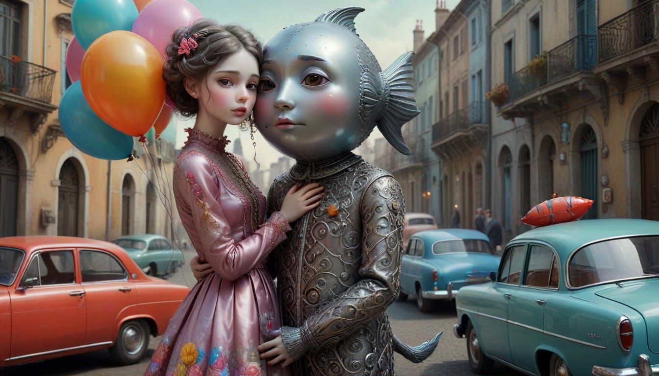 Surreal Figure with Fish Balloon in Fantasy Landscape