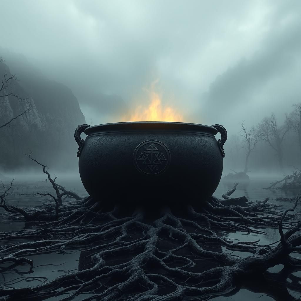Eerie Black Cauldron on Murky Lake in Cinematic Style