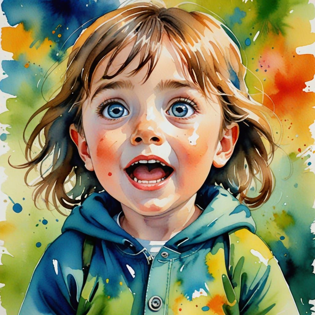Whimsical Watercolor Child with Wide Eyes
