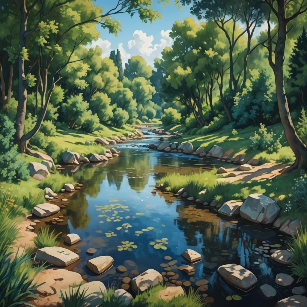 Serene Stream: Post-Impressionist Landscape in 8K