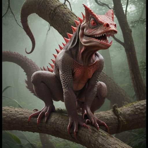 Hyperrealistic Reptile with Fangs on Branch