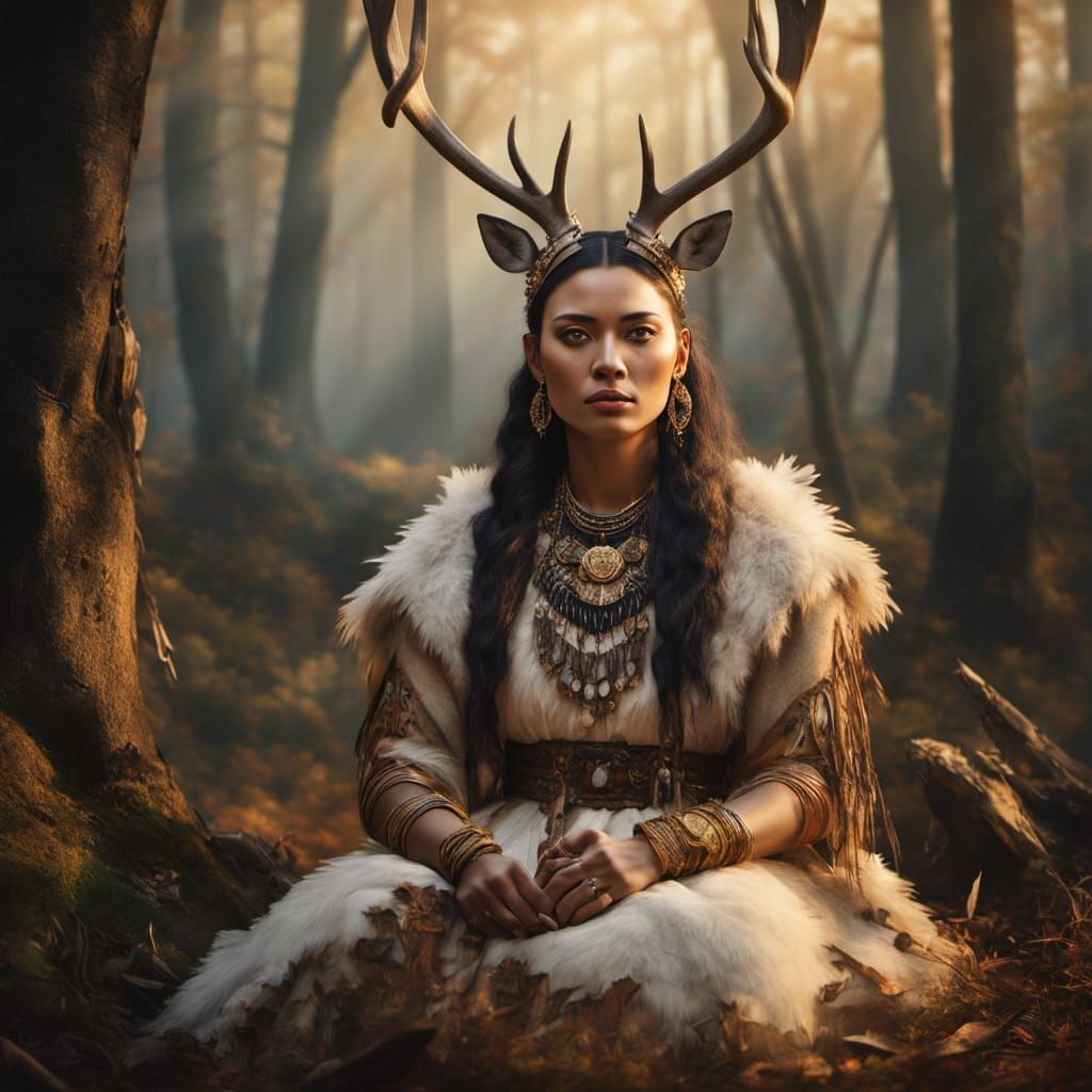 Mesolithic Shaman Woman in Forest Clearing, Baroque Portrait