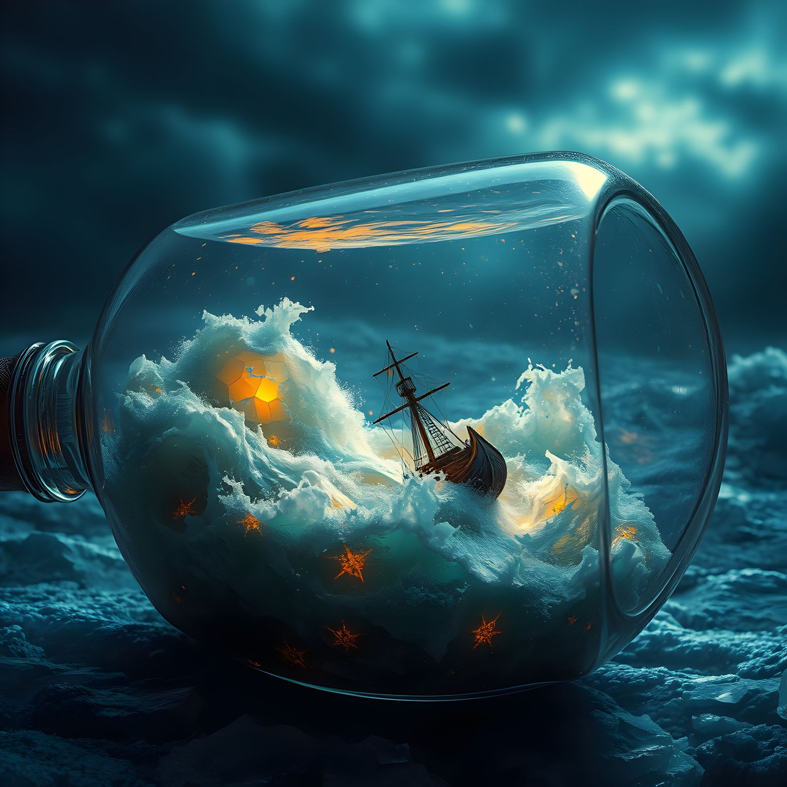 Ship in a Glass Bottle Storm: Digital Art
