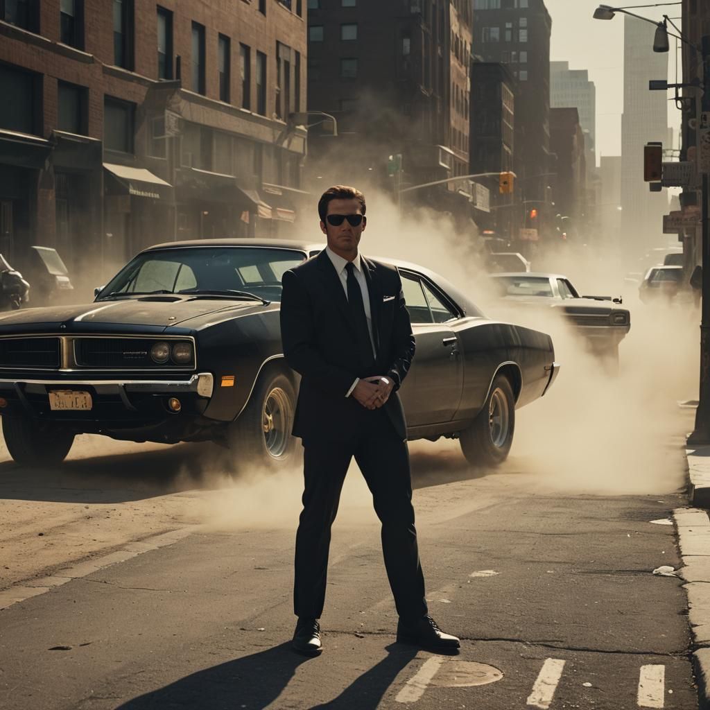 Dramatic Film Still of Man and Dodge Charger