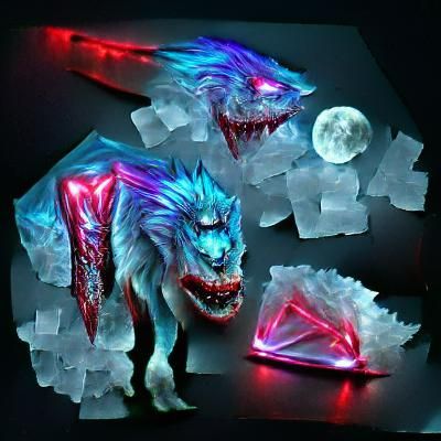 Demonic Ice Wolf with Neon Moon, Crystal Scales