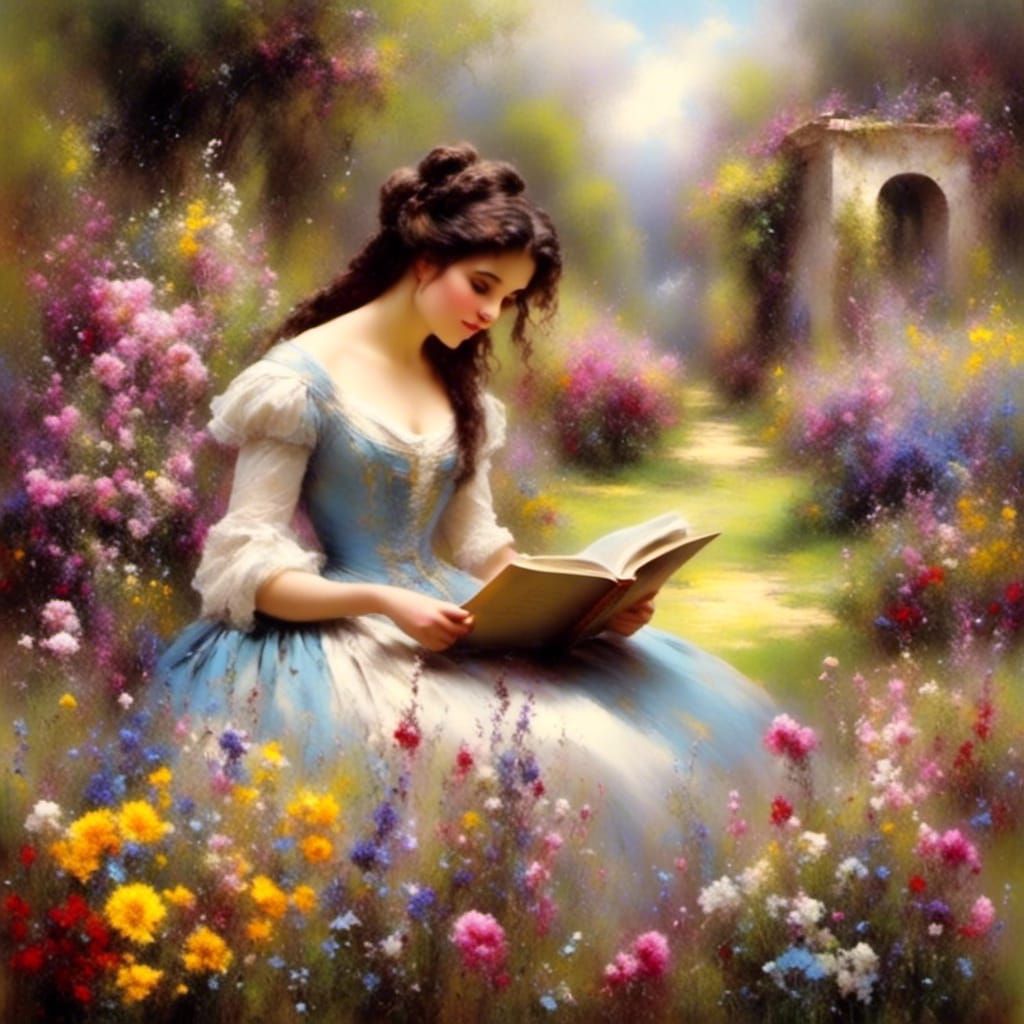 Belle Reading in a Flowered Garden Painting