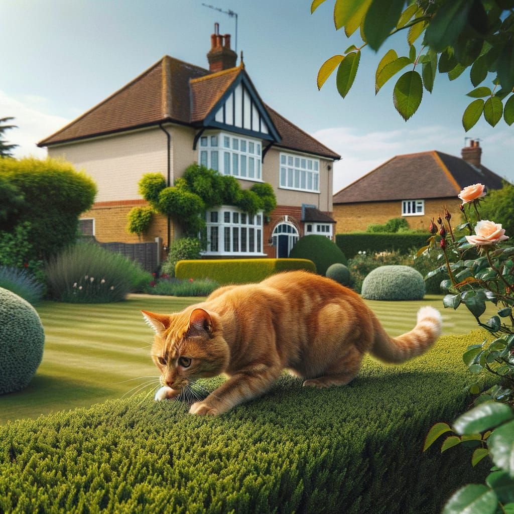 Ginger Cat on the Prowl in a Quaint English Suburban Scene
