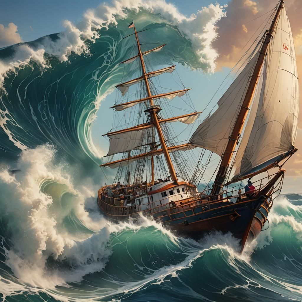 Sailboat hit by a wave