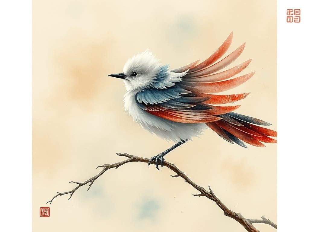 Fluffy Bird in Chinese Painting Style