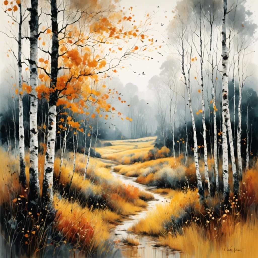 Meticulously Detailed Birch Trees in Autumn Entanglement