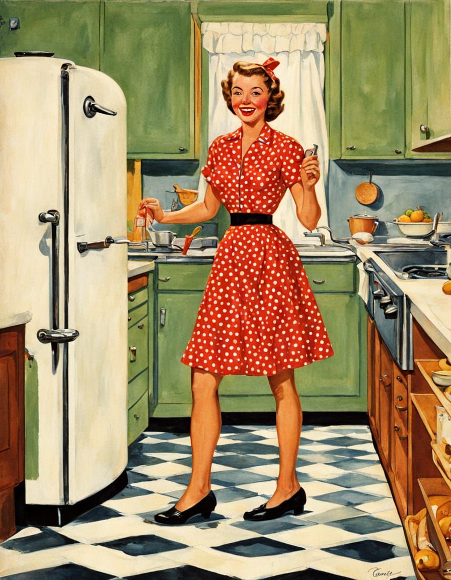 Radiant Housewife in Retro 1950s Kitchen Advertisement