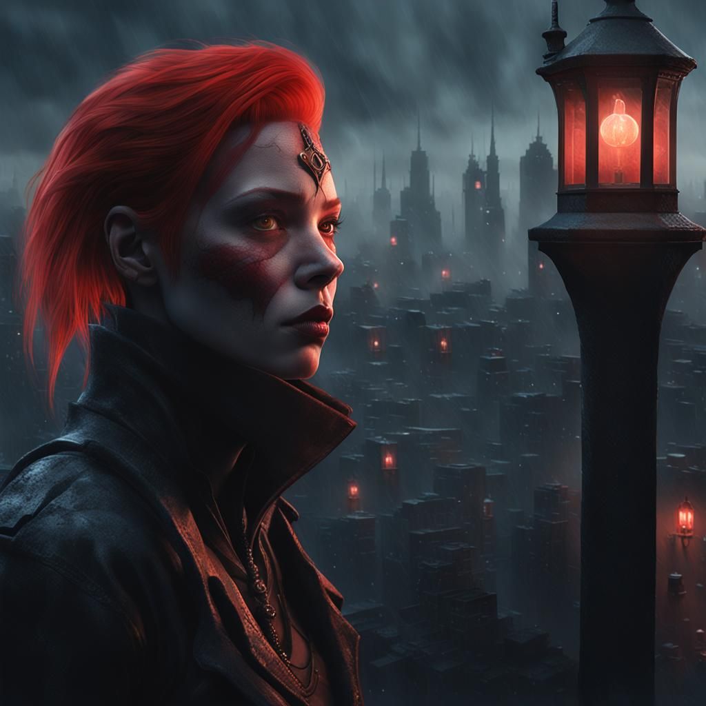 Red-Headed Vampire Bodybuilder in Gothic Cityscape