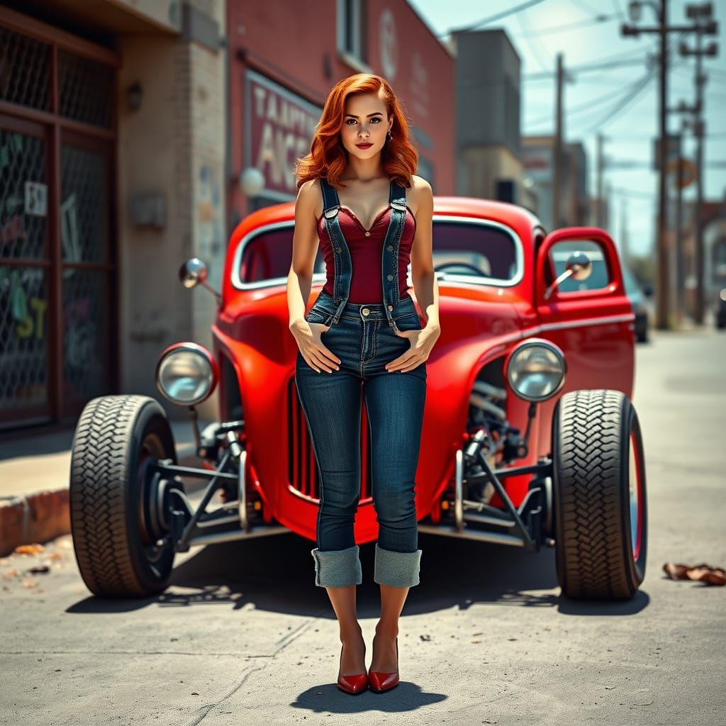 Confident Red-Headed Pinup in Retro Los Angeles Street Scene