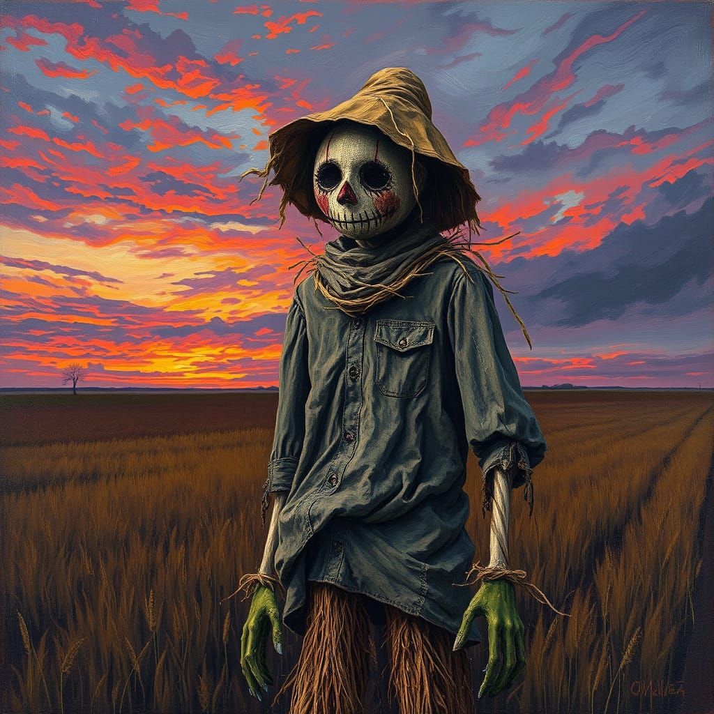 Tattered Scarecrow in Windswept Field as German Expressionis...