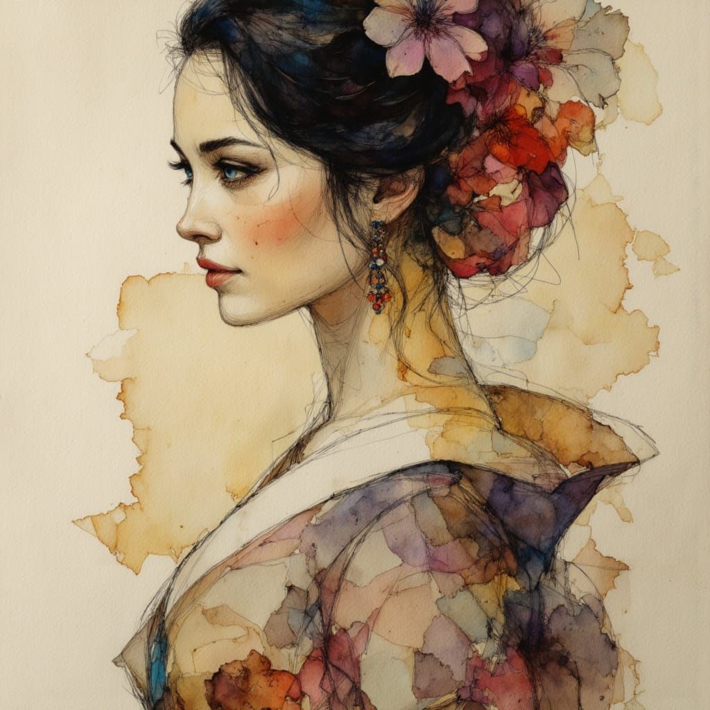 Geisha Portrait in Neurographic Ink and Earth Wash Style