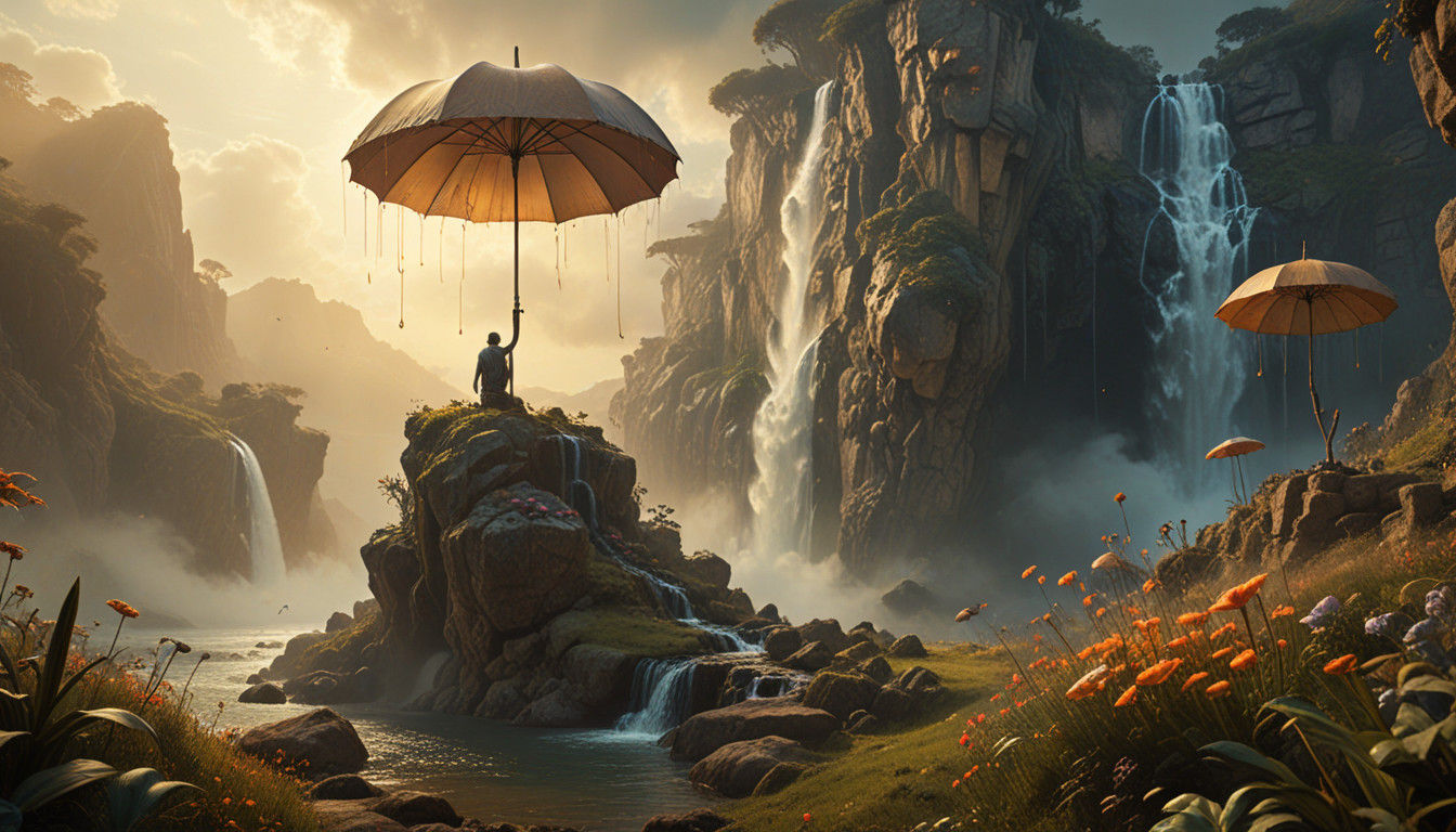 Surreal Stone Umbrella Masterpiece with Dreamy Mist and Gold...