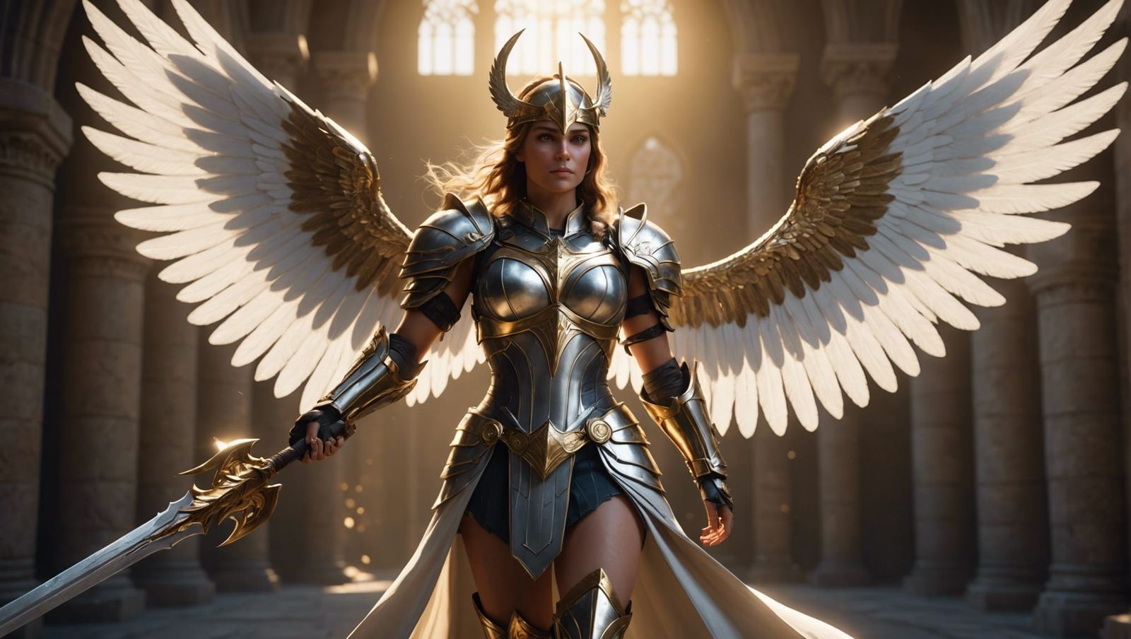 Valkyrie with Golden Wings in Radiant Light