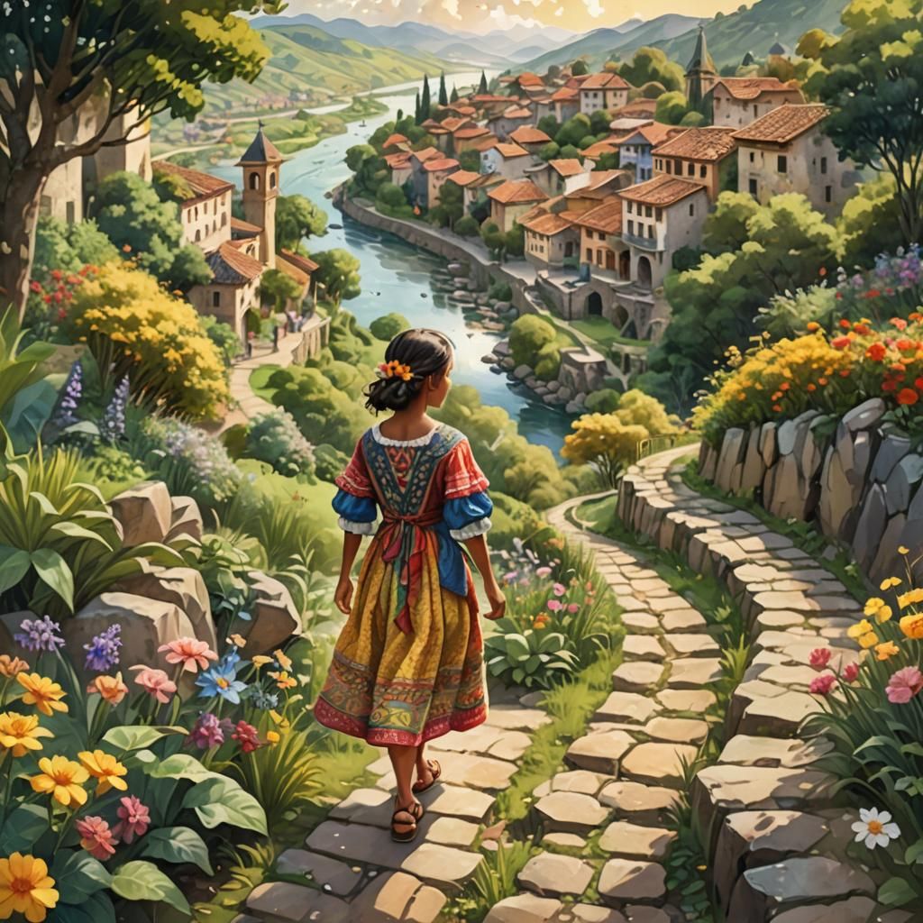 Colombian Girl Walks to City: Fantasy Digital Art